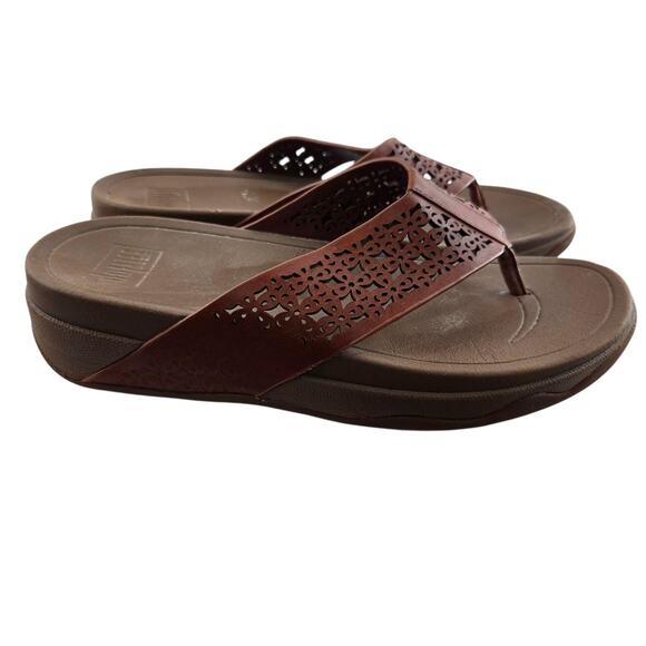 Fitflop Sandals Womens 7 Surfa Floral Lattice Brown Leather Slip On Comfort Boho - Picture 1 of 10